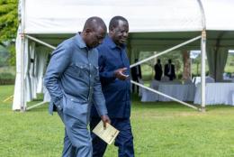 President William Ruto and former Prime Minister Raila Odinga after meeting President Yoweri Museveni in Uganda on Monday, February 26, 2024.